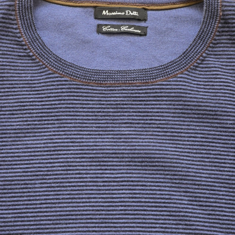 Massimo Dutti Mens Large 40 Blue Cotton Cashmere Striped Crew Neck Sweater - Picture 2 of 8